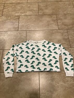 Forever 21 White Cropped Sweatshirt with Green Dino Print